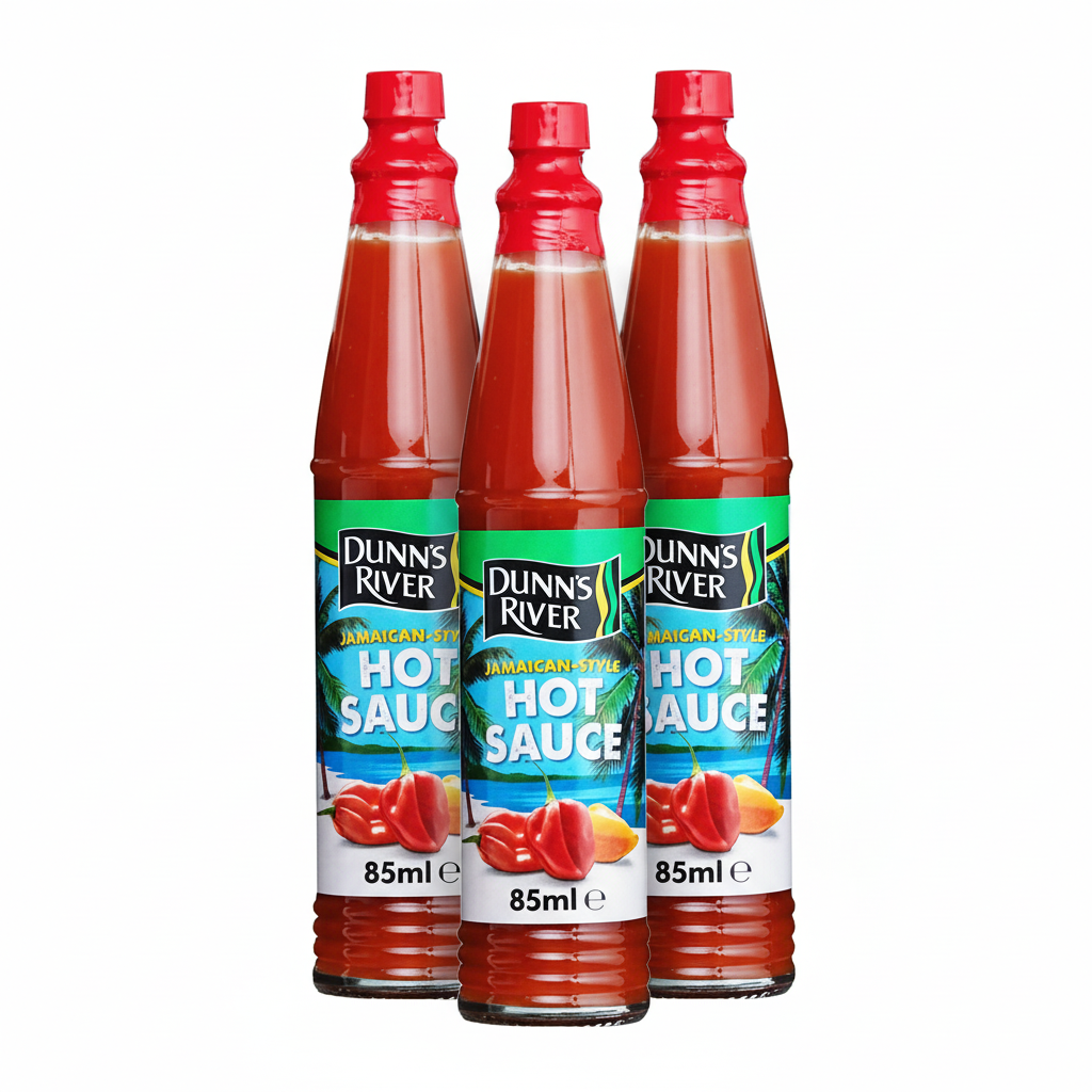3 Dunns River Hot Sauce Bottles - No Background