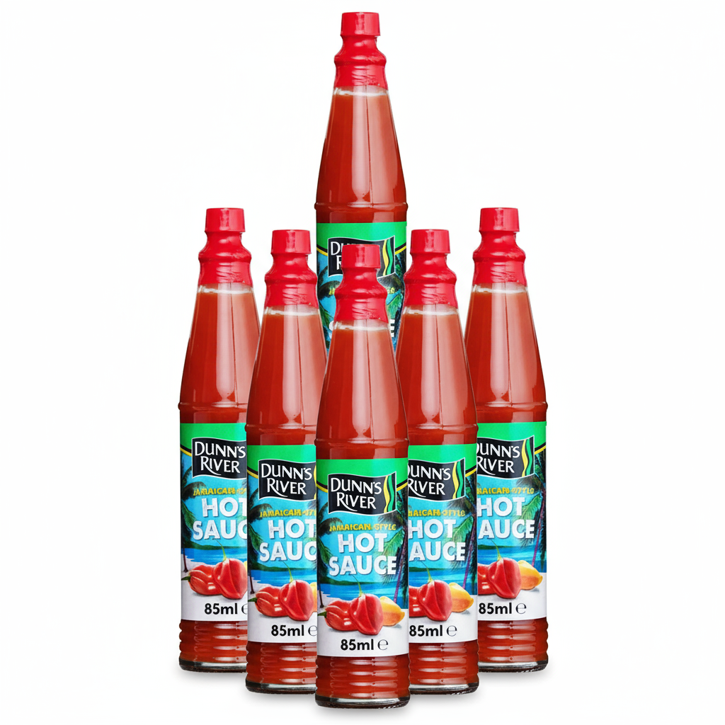 6 Dunns River Hot Sauce Bottles - No Background